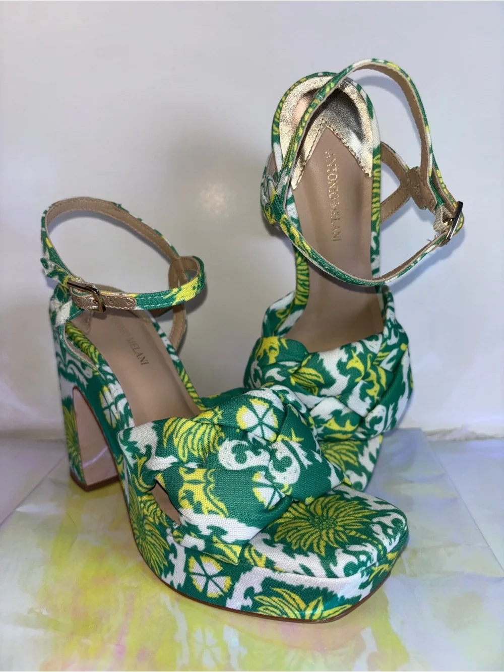 ANTONIO MELANI Green and Yellow Floral Platform Sandals
